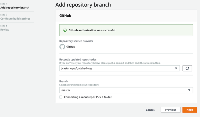 Amplify select repo and branch